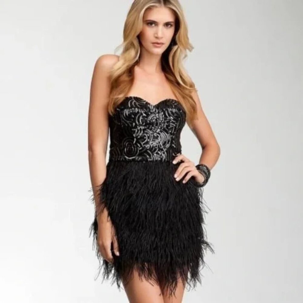 BEBE Glamorous Strapless Feather Mini Dress – Size Medium